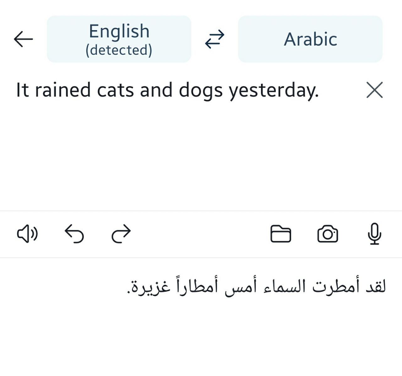 لقطة لترجمة DeepL للتعبير الاصطلاحي rain cats and dogs